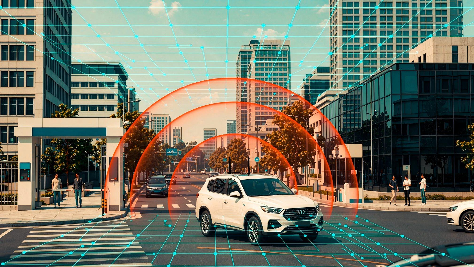 Vehicular Full‑Spectrum Cellular Electronic Fence deployment diagram showing patrol vehicle, road‑side monitoring, community entrance capture and blacklist target tracking workflow.